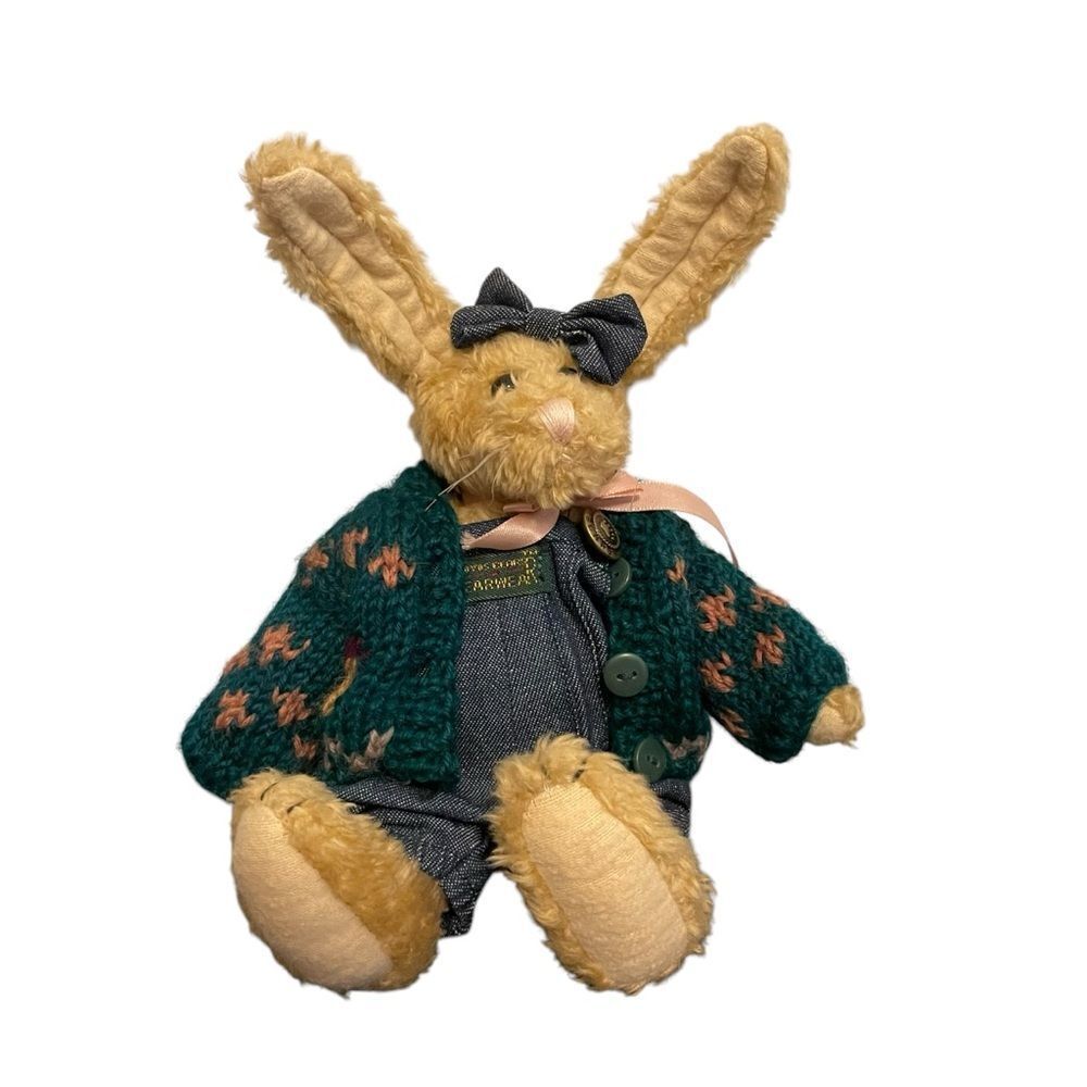 Boyds Bears Friends Plush Rabbit Green Knit Cardigan Denim Overalls Vintage Toy
